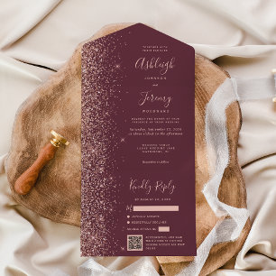 Rose Gold Glitter Burgundy QR Code Wedding All In One Invitation