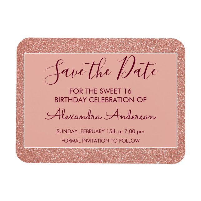 Rose Gold Glitter Burgundy Sweet 16 Save the Date Magnet (Horizontal)