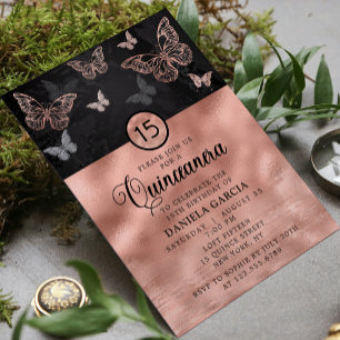Rose Gold Glitter Butterfly Modern Quinceañera Invitation