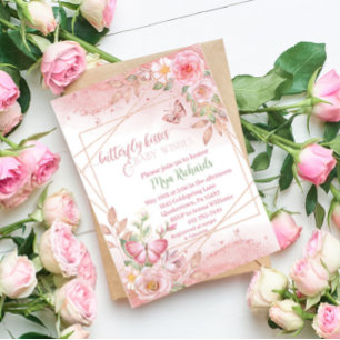 Rose gold glitter butterfly watercolor baby shower invitation
