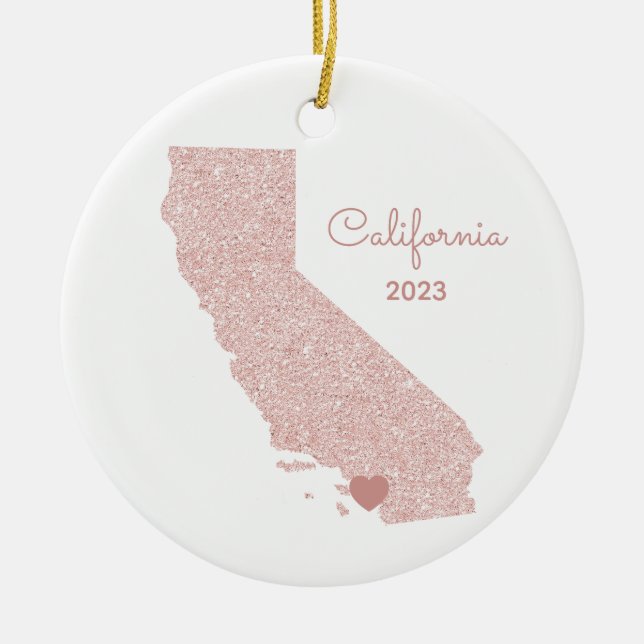 Rose Gold Glitter California Vacation Places Ceramic Ornament (Front)