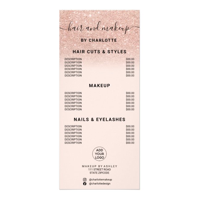 Rose gold glitter calligraphy hair makeup price rack card (Front)