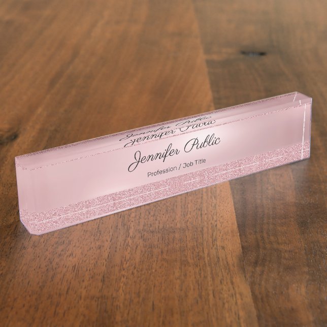 Rose Gold Glitter Calligraphy Text Name Elegant Nameplate (Side)