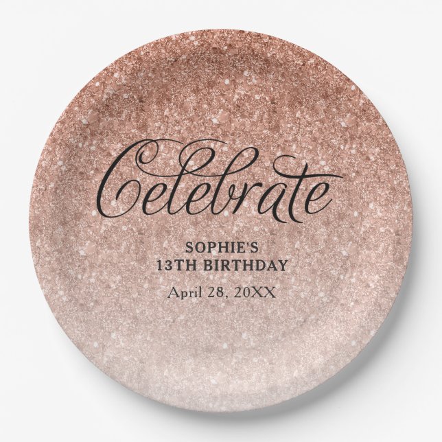 Rose Gold Glitter Celebrate Personalised Paper Plate (Front)