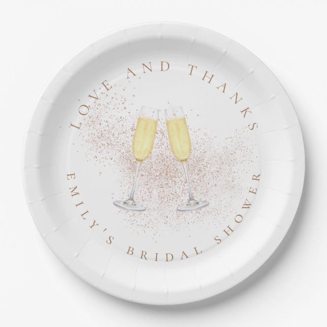 Rose Gold Glitter Champagne Flutes Bridal Shower  Paper Plate (Front)