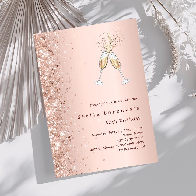 Rose gold glitter cheers birthday invitation (Creator Uploaded)