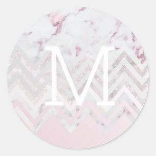 Rose gold glitter chevron pink marble monogram classic round sticker
