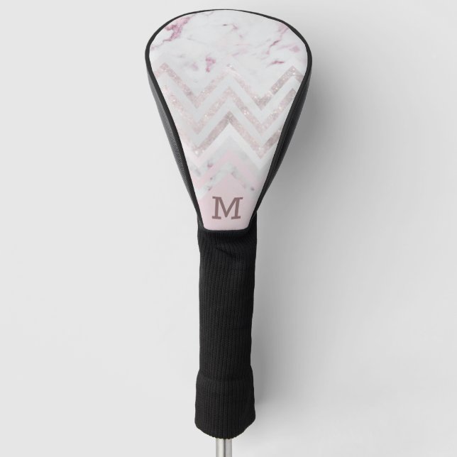 Rose gold glitter chevron pink marble monogram golf head cover (Front)