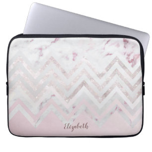 Rose gold glitter chevron pink marble monogram laptop sleeve