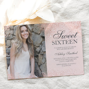 rose gold glitter chic blush pink photo Sweet 16 Invitation