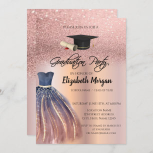 Rose Gold Glitter Chic Dress Grad Cap Graduation Invitation