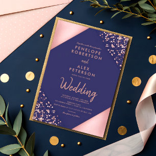 Rose Gold Glitter Chic Geometric Stripes Wedding Invitation