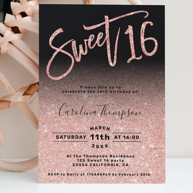 Rose gold glitter chic script black Sweet 16 photo Invitation (Creator Uploaded)