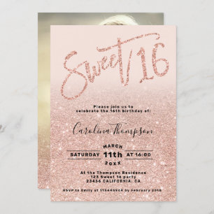 Rose gold glitter chic script blush Sweet 16 photo Invitation