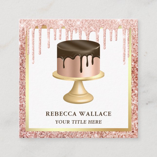 Rose Gold Glitter Chocolate Drips Cake Bakery Square Business Card (Front)