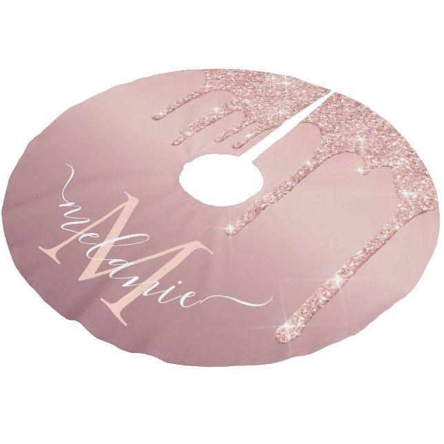 Rose Gold Glitter Christmas Tree Skirt Custom Name (Angled)