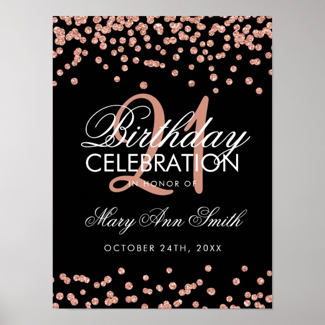 Rose Gold Glitter Confetti 21st Birthday Black Poster (Front)