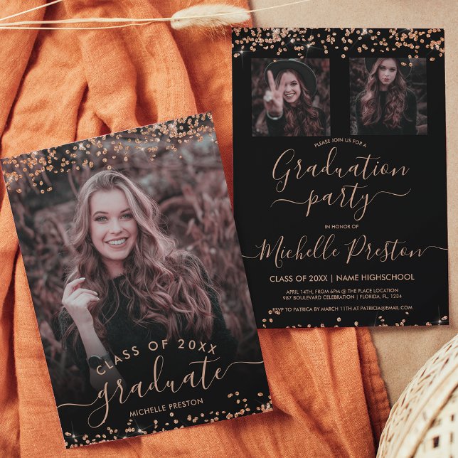 Rose gold glitter confetti 3 photo graduation invitation (Creator Uploaded)