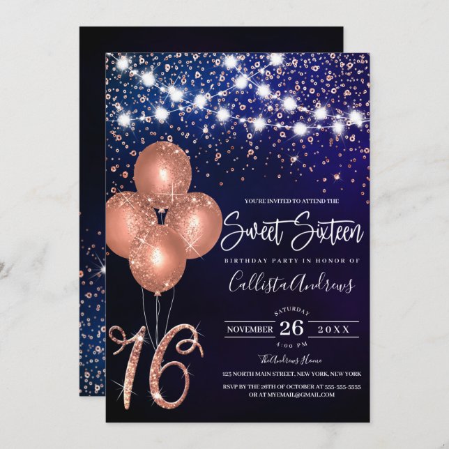 Rose Gold Glitter Confetti Balloons Light Sweet 16 Invitation (Front/Back)