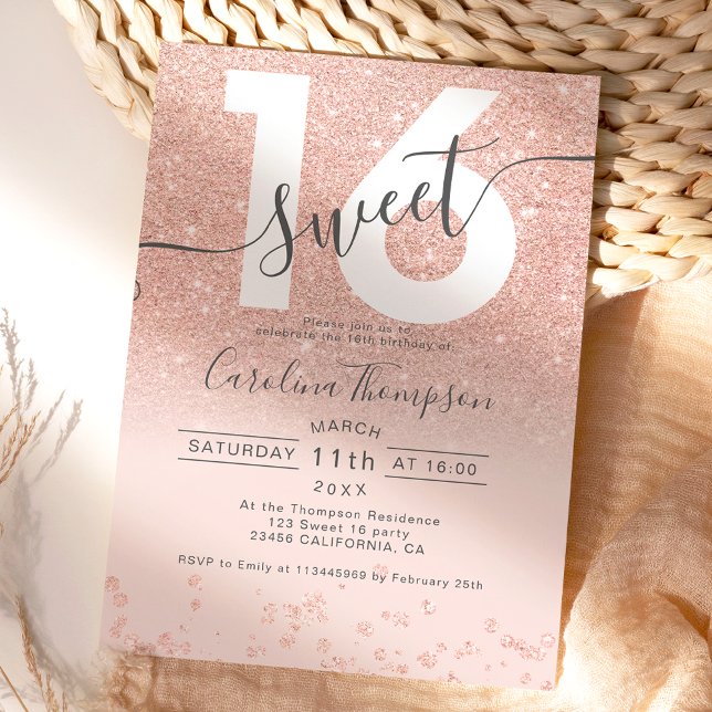 Rose gold glitter confetti blush Sweet 16 photo Invitation (Creator Uploaded)