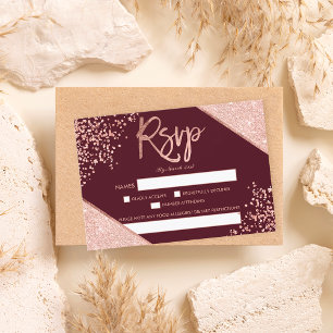 Rose gold glitter confetti burgundy rsvp wedding card