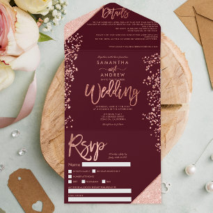 Rose gold glitter confetti burgundy wedding all in one invitation