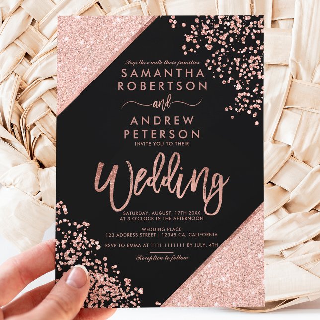 Rose gold glitter confetti chic black wedding invitation (Creator Uploaded)