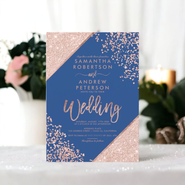 Rose gold glitter confetti chic blue wedding invitation (Rose gold glitter confetti chic blue wedding invitation)