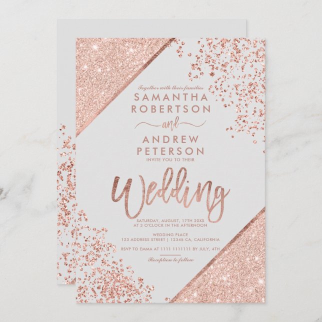 Rose gold glitter confetti chic grey wedding invitation (Front/Back)