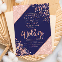 Rose gold glitter confetti chic navy blue wedding