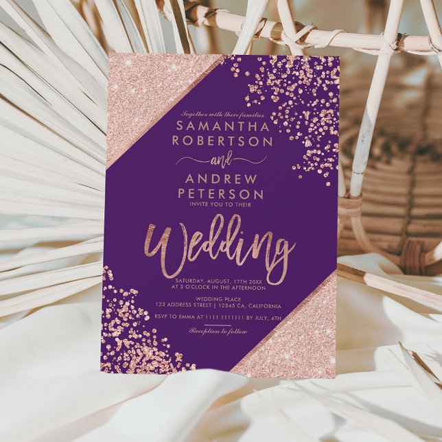 Rose gold glitter confetti chic purple wedding invitation (Creator Uploaded)