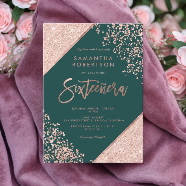 Rose gold glitter confetti emerald green Sweet 16 Invitation (Rose gold glitter confetti emerald green Sweet 16 Invitation)