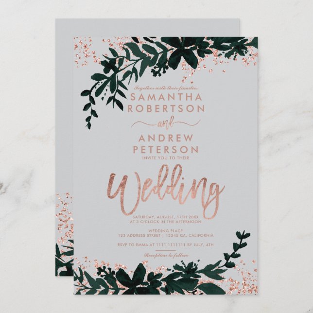 Rose gold glitter confetti Floral grey wedding Invitation (Front/Back)