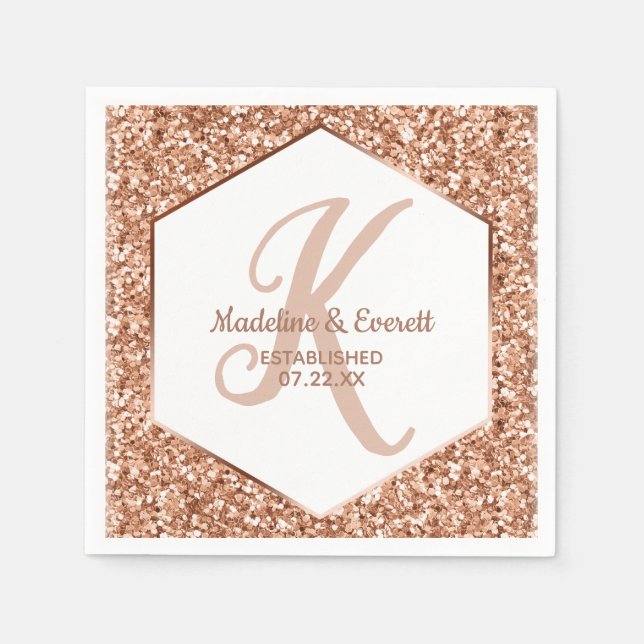 Rose Gold Glitter Confetti Glam Monogram Wedding Napkin (Front)