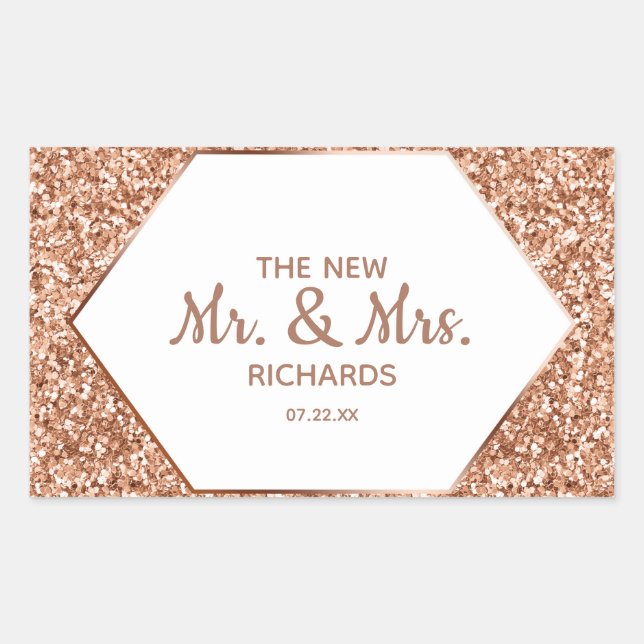 Rose Gold Glitter Confetti Glam The New Mr. & Mrs. Rectangular Sticker (Front)