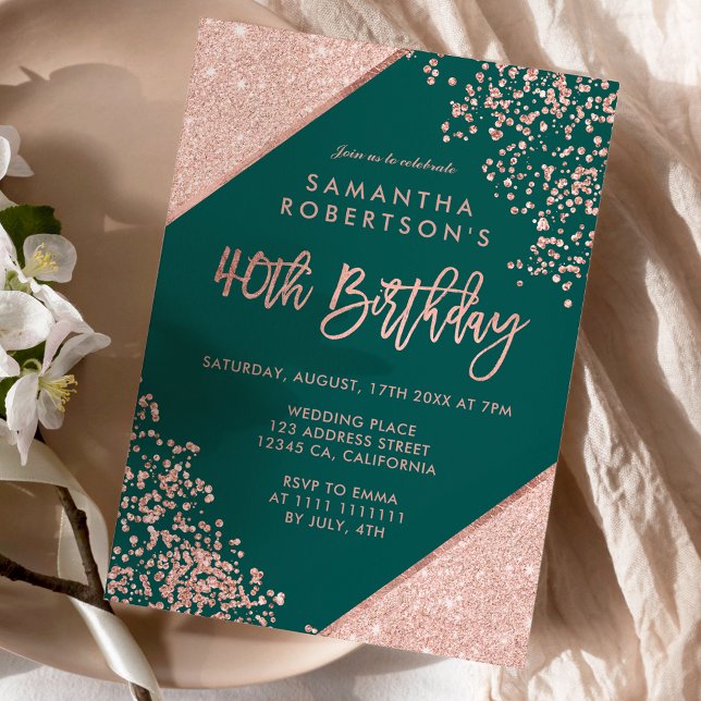 Rose gold glitter confetti green budget 40th invitation (Creator Uploaded)