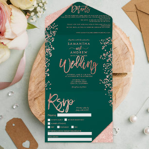Rose gold glitter confetti green chic wedding all in one invitation