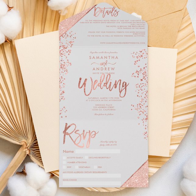 Rose gold glitter confetti grey chic wedding all in one invitation (Creator Uploaded)