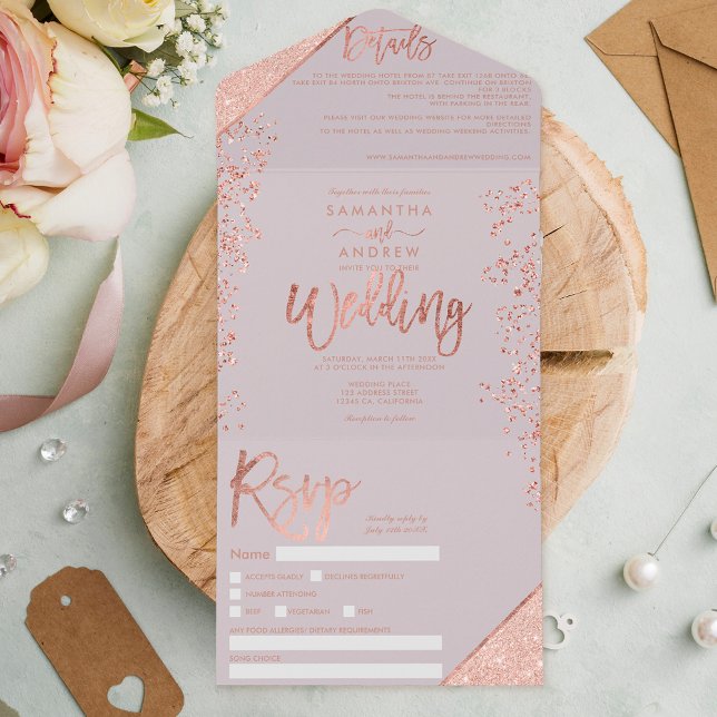 Rose gold glitter confetti grey lilac wedding all in one invitation (Creator Uploaded)