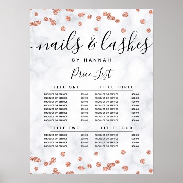 Rose Gold Glitter Confetti Marble Price Menu  Poster (Front)