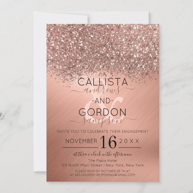 Rose Gold Glitter Confetti Metallic Engagement Invitation (Front)