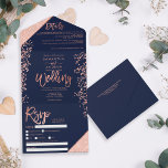 Rose gold glitter confetti navy blue wedding all in one invitation<br><div class="desc">Elegant chic rose gold glitter confetti and typography navy blue wedding ,  rose gold glitter colour block typography on customisable navy blue and faux rose gold geometric stripes chic wedding ,  perfect for elegant,  luxurious wedding,  add your photo,  wedding details and rsvp.</div>