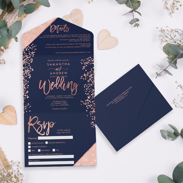 Rose gold glitter confetti navy blue wedding all in one invitation (Creator Uploaded)