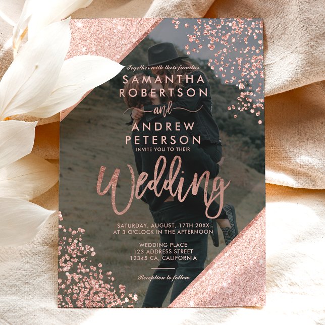 Rose gold glitter confetti navy blue wedding photo invitation (Creator Uploaded)
