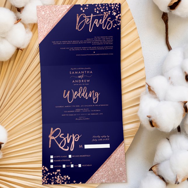 Rose gold glitter confetti navy blue wedding Tri-Fold invitation (Creator Uploaded)