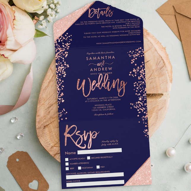 Rose gold glitter confetti navy chic wedding all in one invitation (Creator Uploaded)