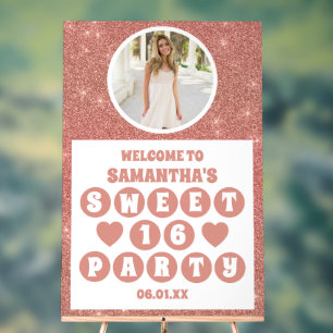 Rose Gold Glitter Confetti Photo Sweet 16 Welcome Acrylic Sign