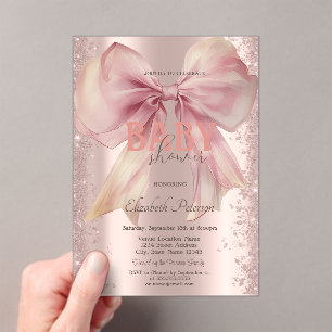 Rose Gold Glitter Confetti Pink Bow Baby Shower Acrylic Invitations