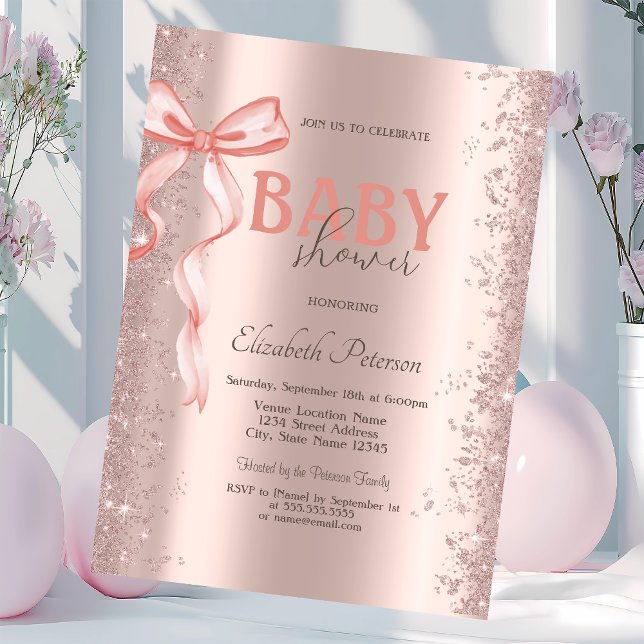 Rose Gold Glitter Confetti Pink Bow Baby Shower Invitation (Creator Uploaded)