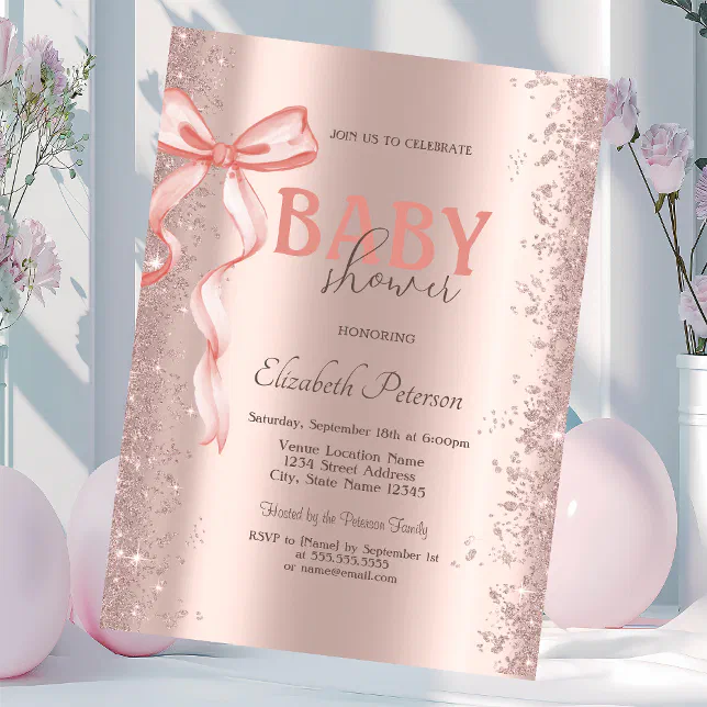 Rose Gold Glitter Confetti Pink Bow Baby Shower Invitation | Zazzle